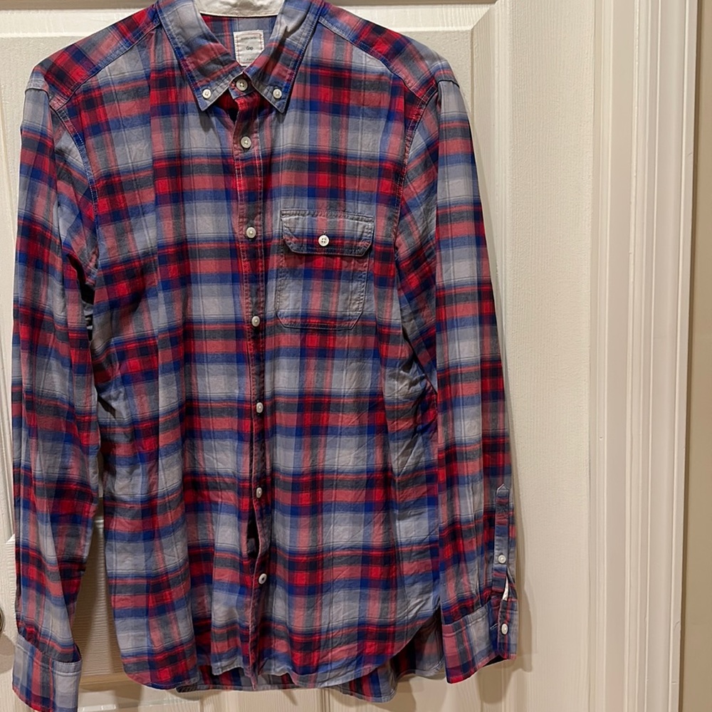 Long Sleeve Button Down Blue Red and Grey Plaid Shirt